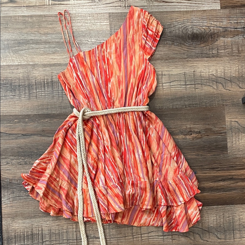 Free People One-Shoulder Striped Mini Dress in Orange and Pink